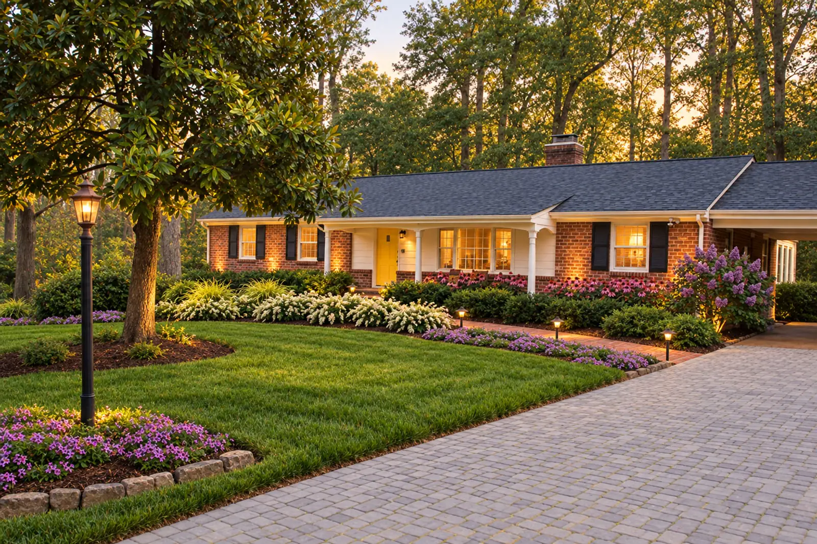 YardCast design: Ranch with a magnolia and paver drive