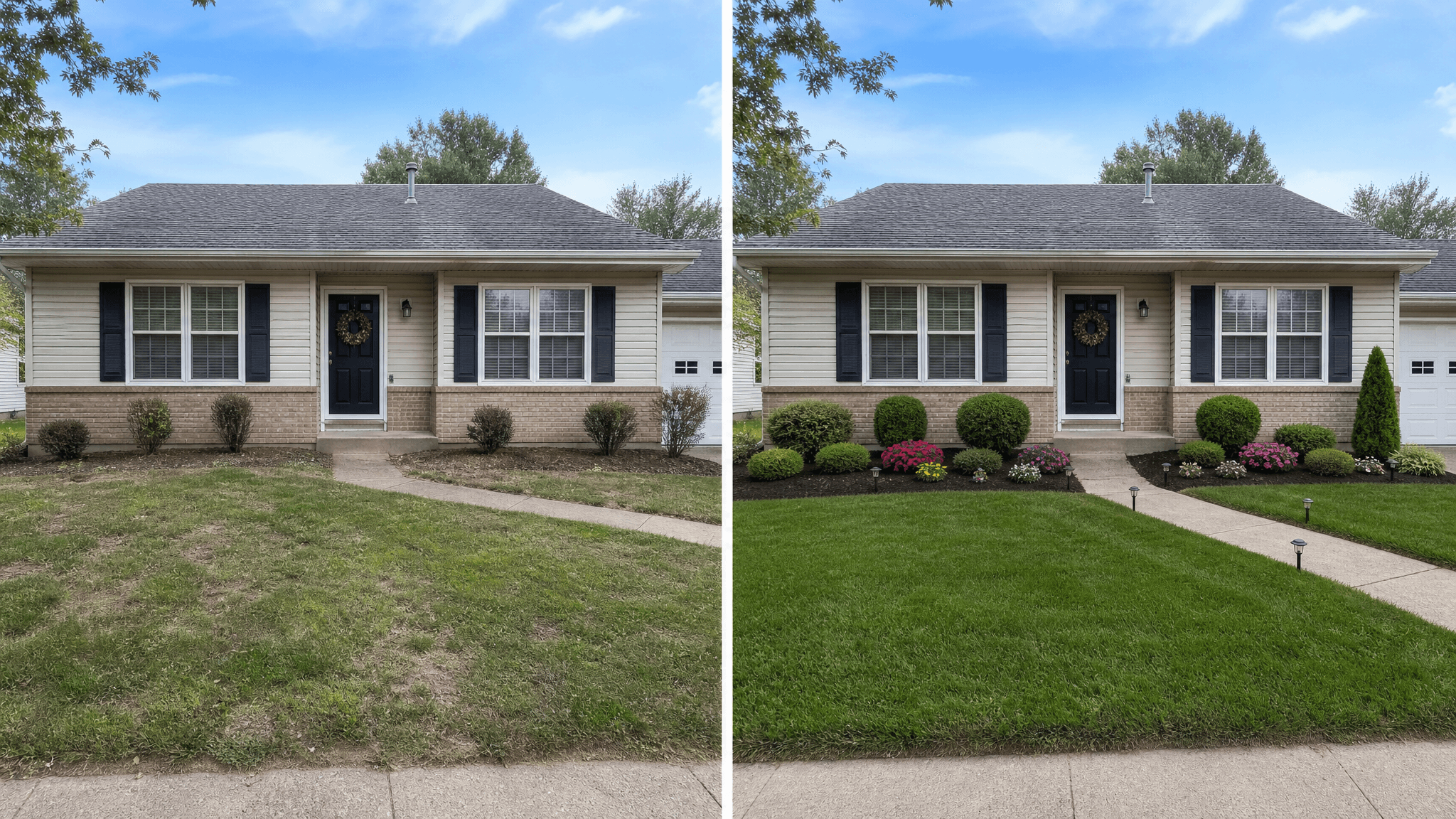 Yardcast front-yard curb appeal visualization showing the same house before and with a design preview