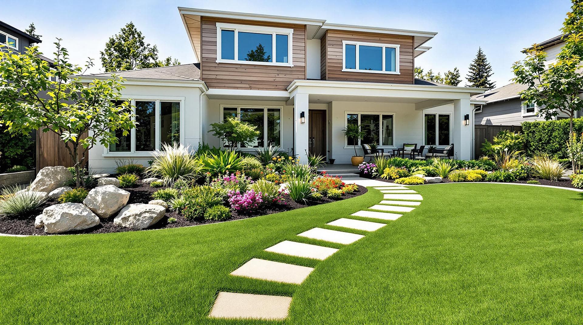 Premium front yard landscape with a curved walkway, layered planting beds, boulders, flowers, and clean lawn edges