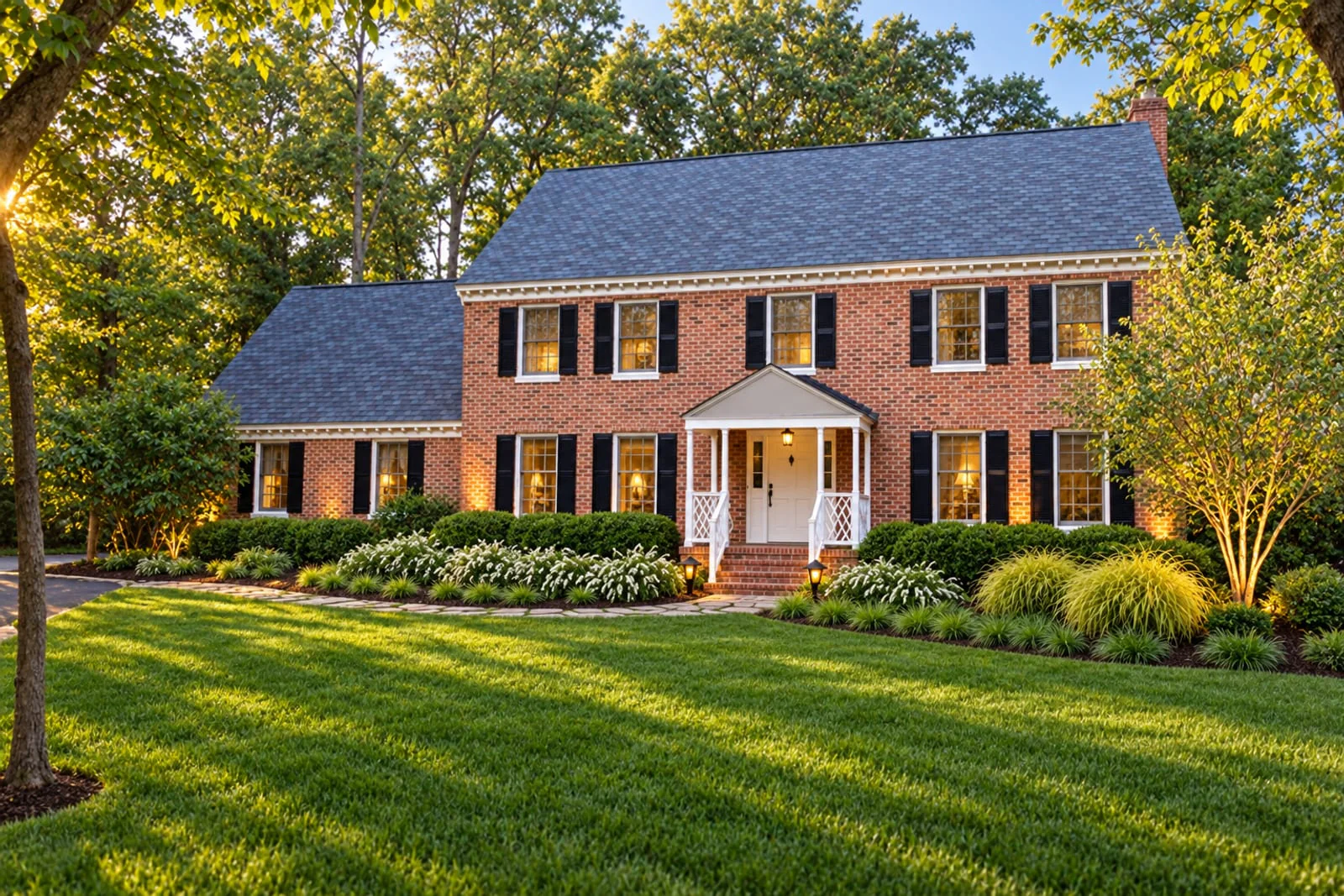 YardCast design, Natural style, AI visualization: Brick colonial on a wooded lot