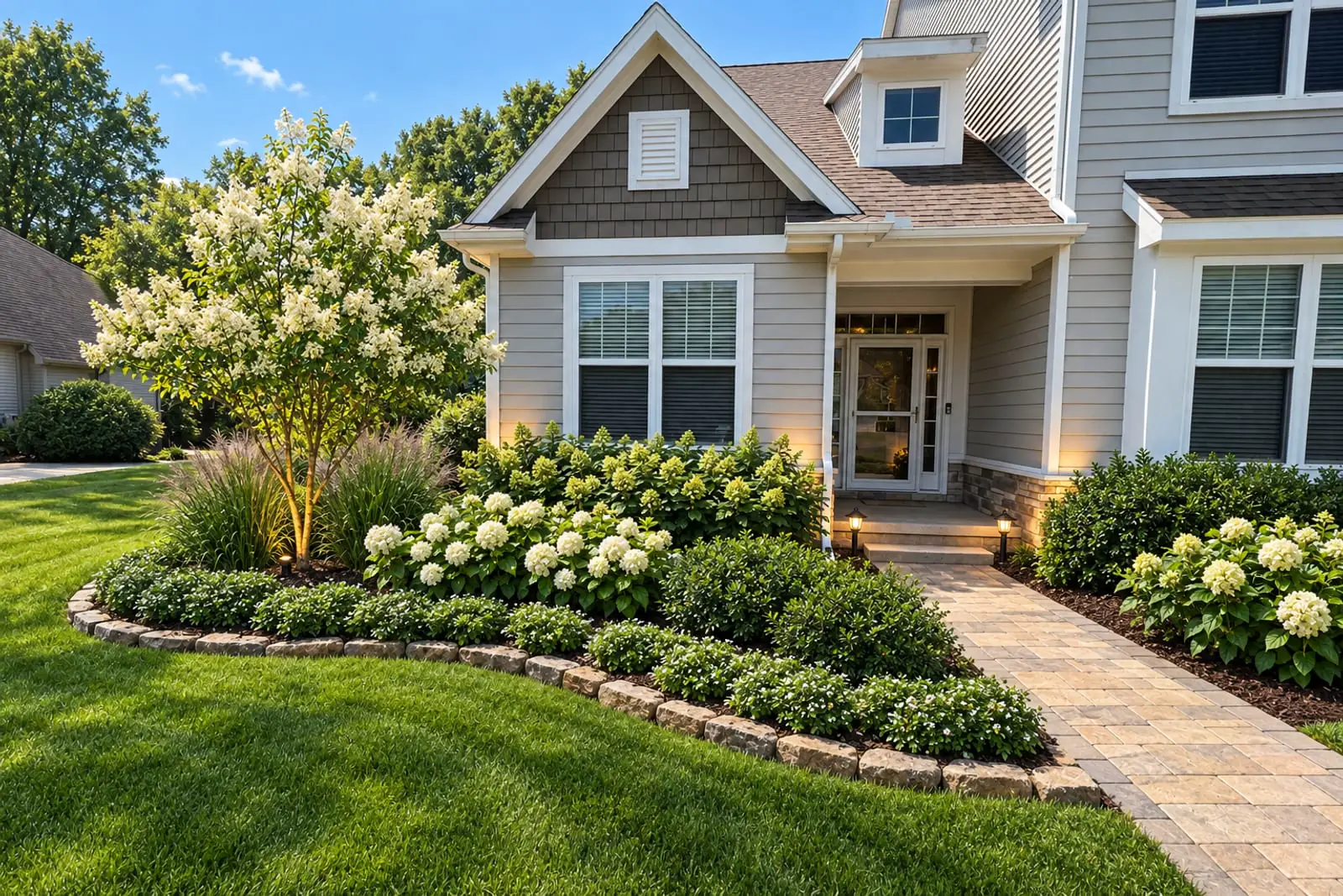 YardCast design, Classic style, AI visualization: Front bed and curved walk