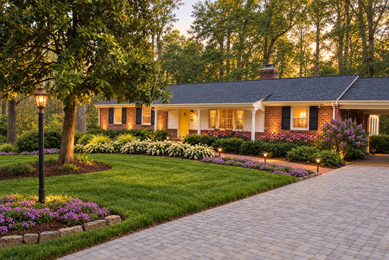 A YardCast design on a ranch house with a magnolia, AI visualization