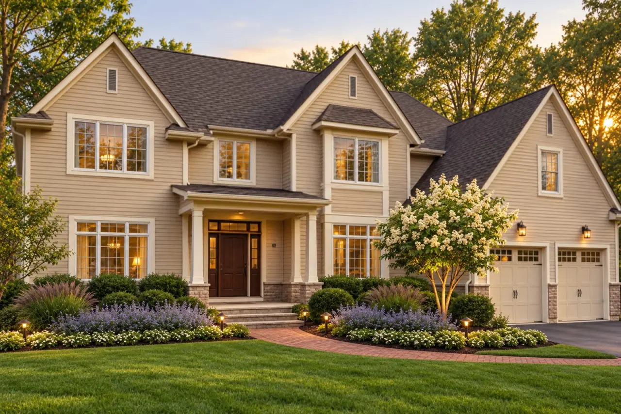 The YardCast design on the same photo, an AI visualization: layered beds with boxwoods, catmint, a tree lilac and a fresh lawn
