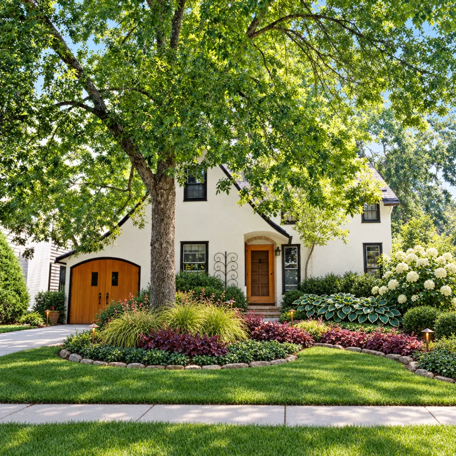 YardCast design, Cottage style, AI visualization: Tudor under a big tree